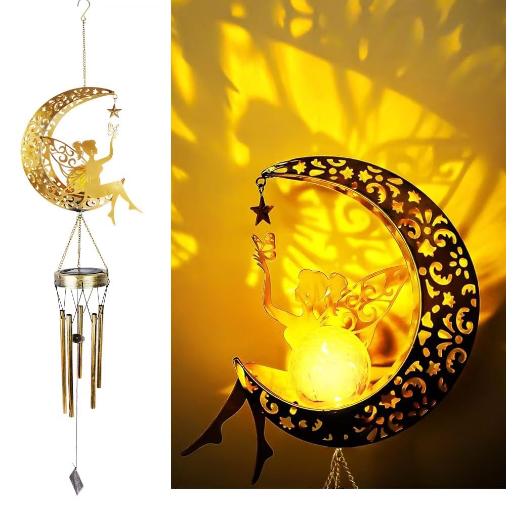 Carino solare alimentato luna fiore fata vento campana luce decorativa, ferro arte fata vento campana, un regalo portatile a LED luce decorativa all'aperto per gli amici.