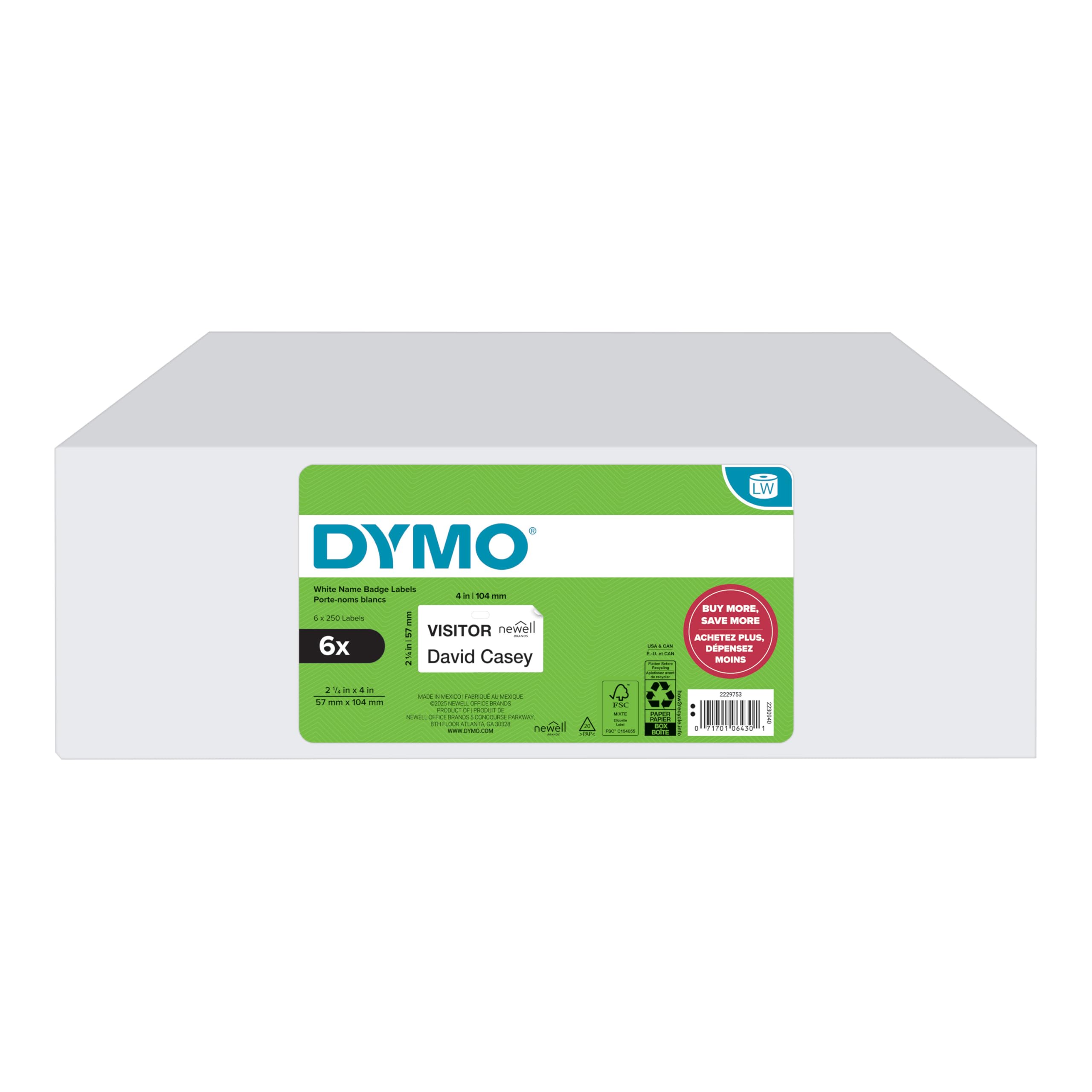 DYMO LabelWriter Lot de 6 rouleaux de 250 étiquettes d'expédition autocollantes pour étiqueteuses LabelWriter 57 mm x 104 mm