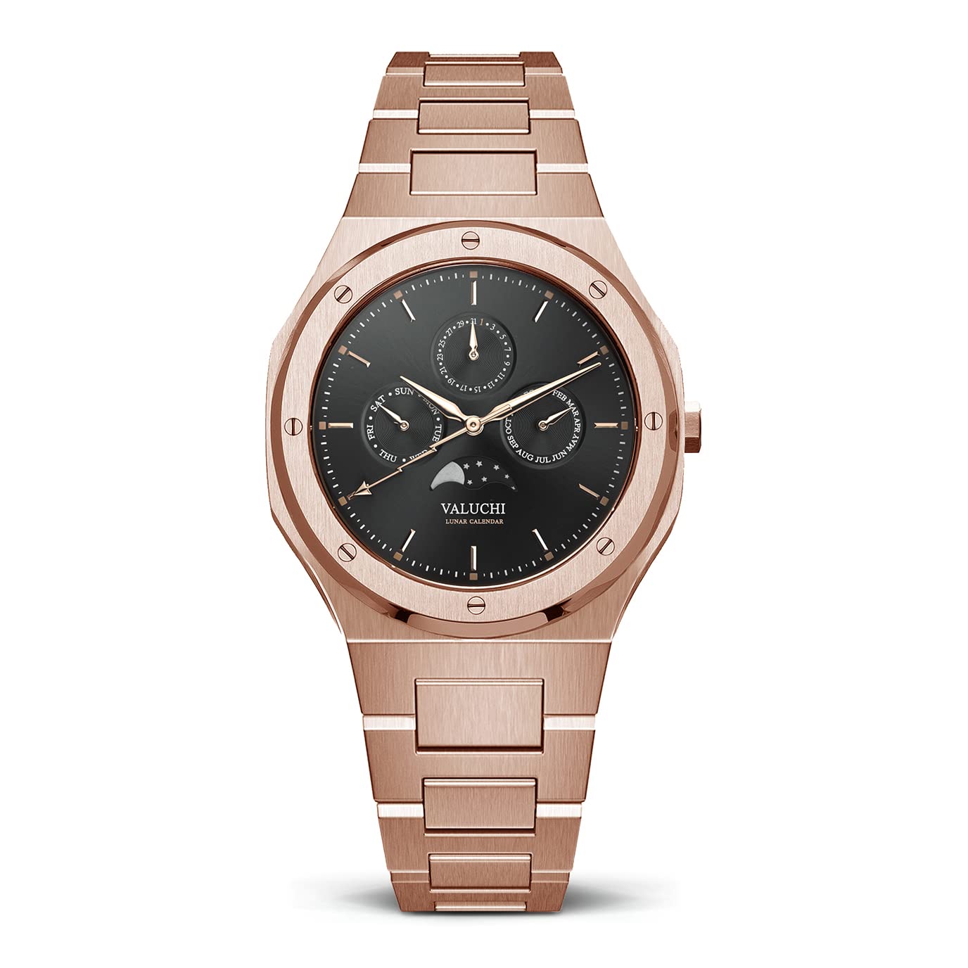 Valuchi Luxury Fashion Men's Lunar Calendar Waterproof Stainless Steel Moonphase Sapphire Glass Japa