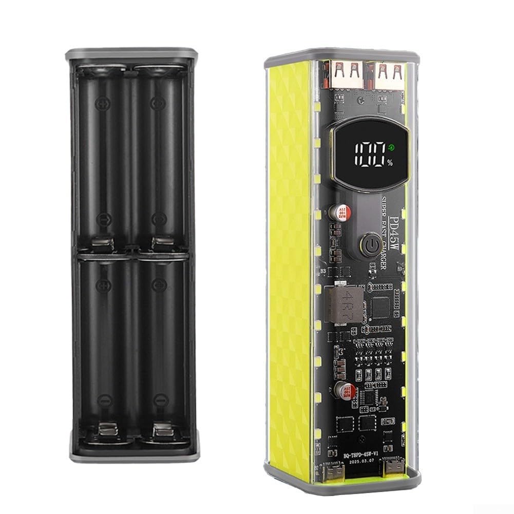 Custodia portatile per power bank in ABS trasparente, design a saldatura, per assemblaggio fai da te, compatibile con celle della batteria 8 x 18650, supporta la ricarica rapida da 22,5 W e 45 W (nero
