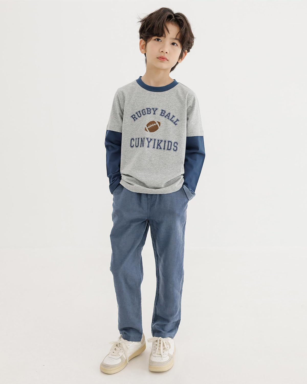 CUNYI Boys Linen Pants Lightweight Breathable Beach Pants Pull-on Casual Outfits with Elastic Waist, Dark Blue 170 - Image 5