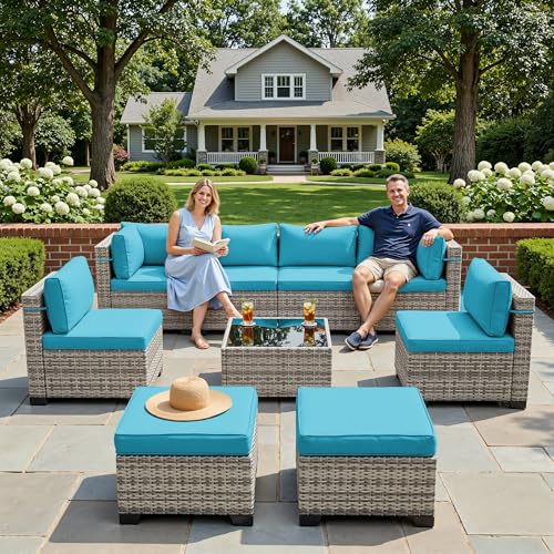 Image of Outdoor PE Wicker Rattan Modular Patio Sectional Sofa Set | 9-Piece: 6 Modular Seats, Coffee Table & 2 Ottomans, Lake Blue
