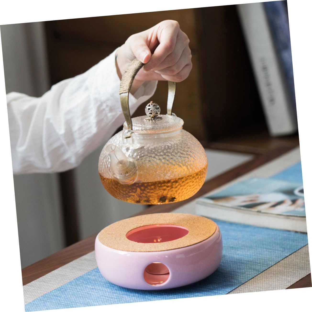 Ipetboom Ceramic Teapot Warmer Base Pink Heater with Candle Holder Practical Heating Stand for Living Office Tea House Shop Use