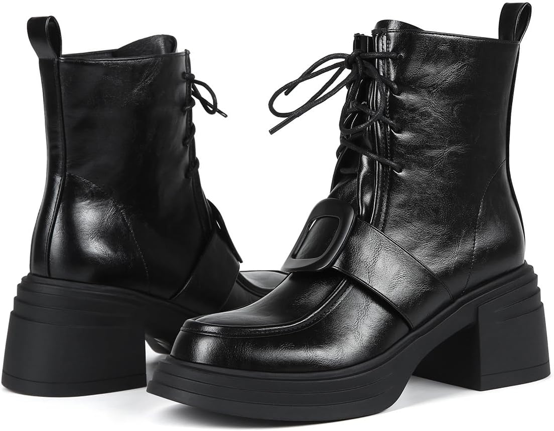 Feinlina Women's Lace Up Ankle Boots Low Chunky Heel Round Toe Fashion Buckle Booties Office Daily Wear