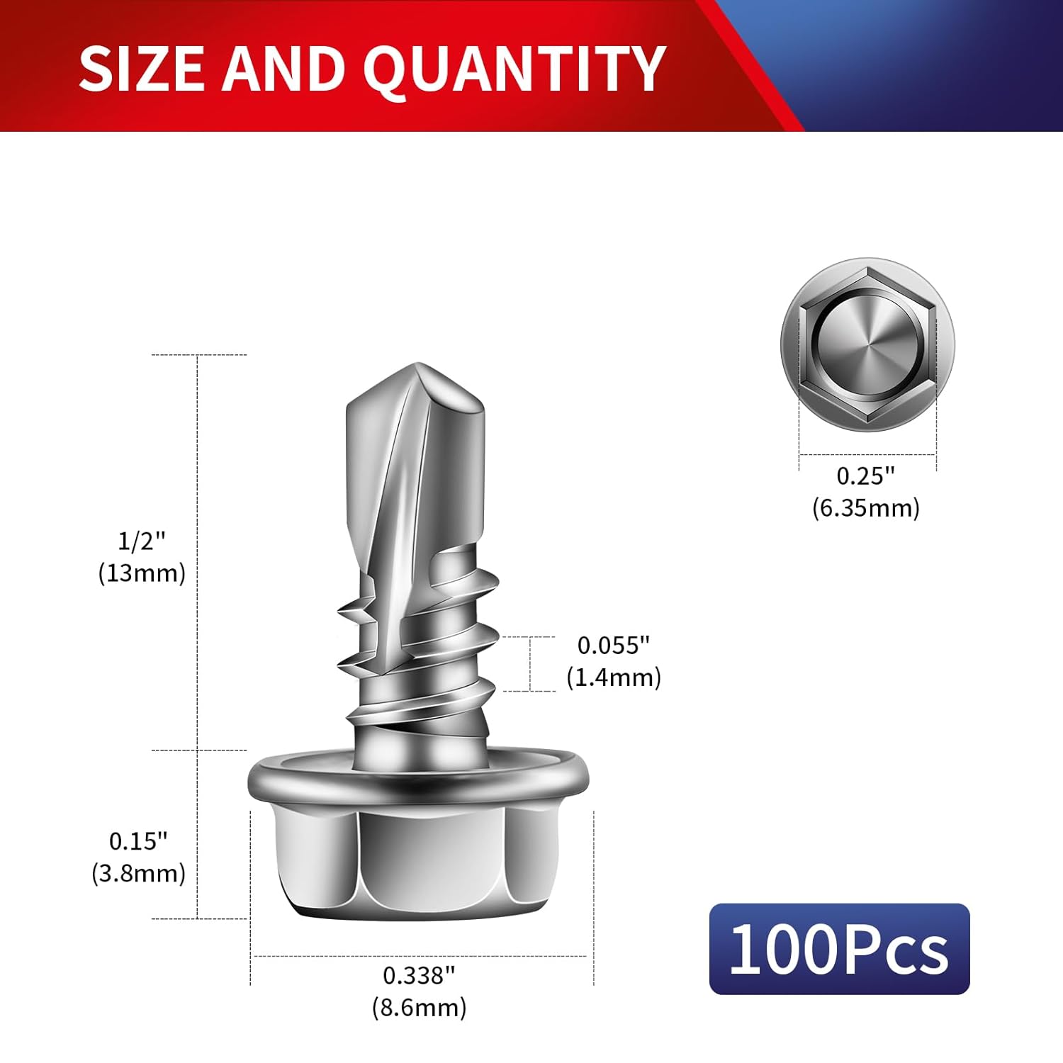#8 x 1/2" Sheet Metal Screws 100PCS 410 Stainless Steel Hex Washer Head Fast Self Tapping Screws