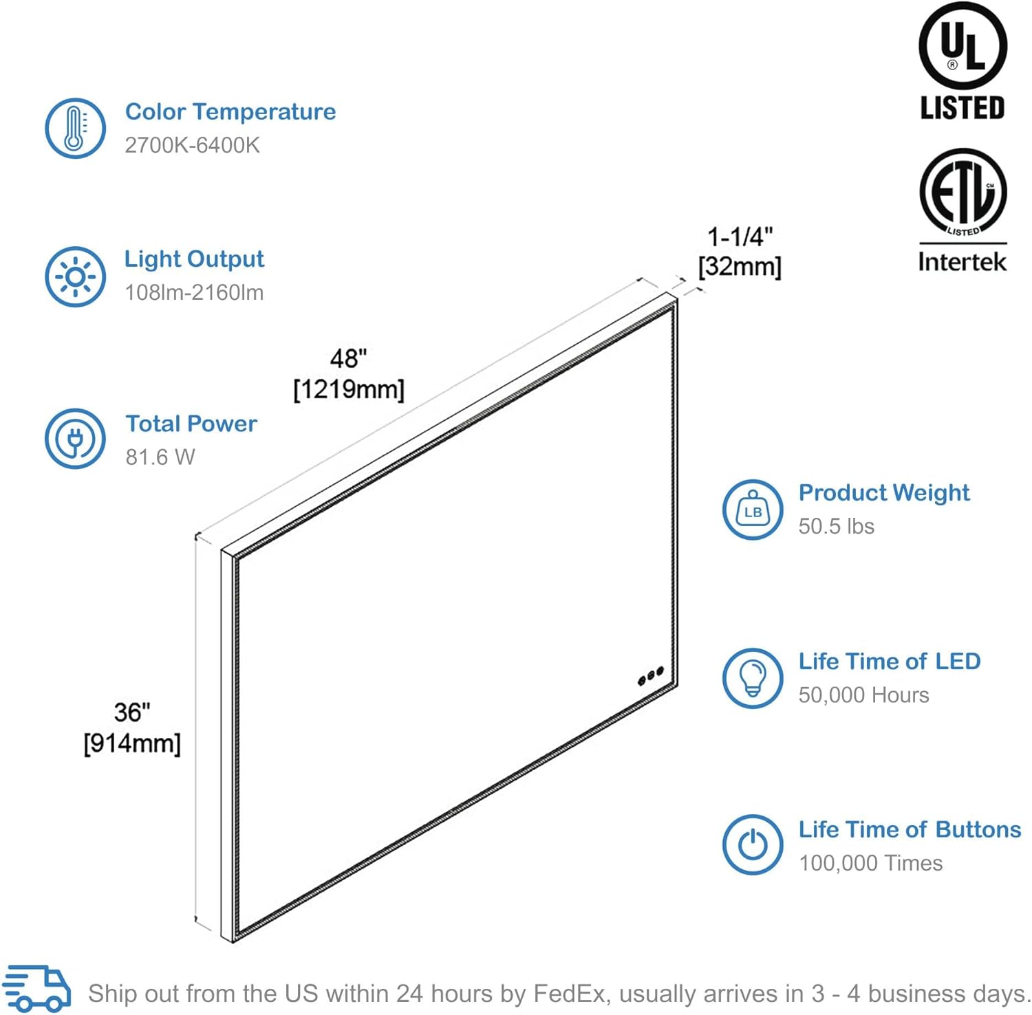 Blossom 48"x 36" LED Bathroom Mirror with Lights, Dimmable, Anti-Fog, Front Lit, Backlit, Lighted Wall Mounted Rectangle for Vanity Makeup Memory Function, Tempered Glass with Matte Black Frame