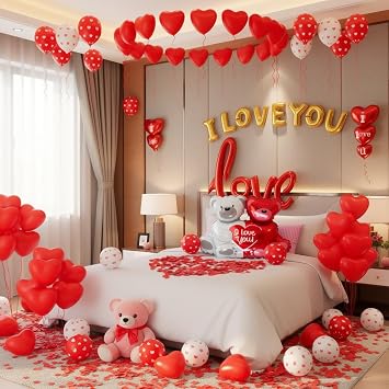 Valentines Day Balloon Decorations Set with "I Love You" & Teddy Bear Foil Balloons, Red Heart Hanging and Print Balloons, Rose Petals for Happy Anniversary Romantic Wedding Party Decorations