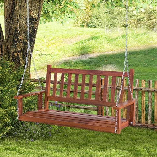 GOPLUS Balançelle Jardin 2/3 Places Extérieur, Chaise Hamac Siège Suspnedue en Bois avec Chaînes de Suspension Ajustables, Dossier à Lattes et Accoudoirs...