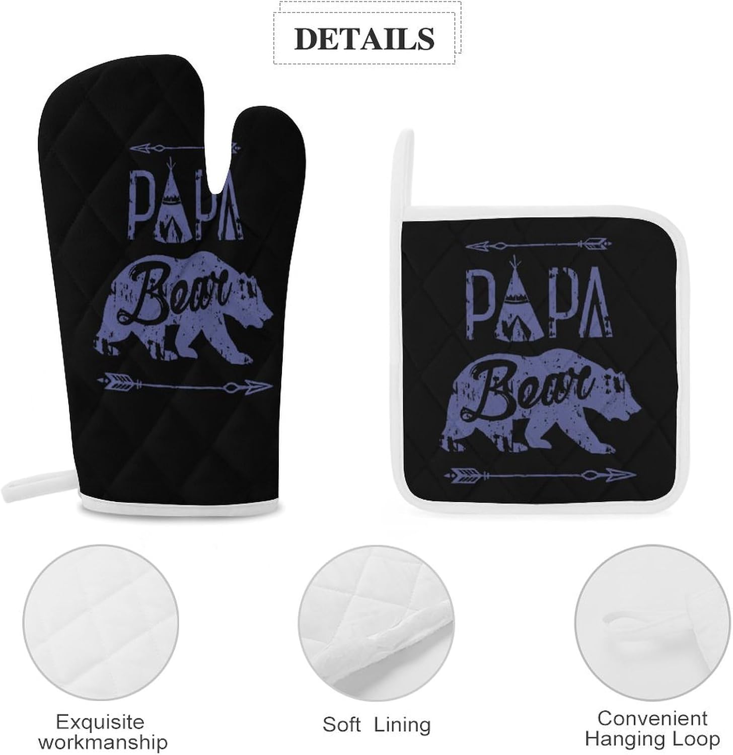 Papa Bear Print Oven Mitts and Pot Holders 3 Piece Sets Heat Resistant Gloves Hot Pads Potholders for Kitchen Baking Cooking