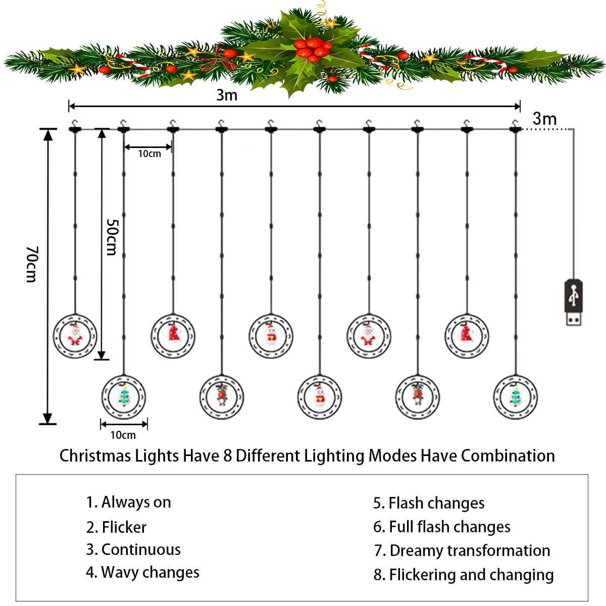 Focefec Christmas Window Lights, Xmas Curtain Fairy Light 3mx0.6m - Image 2