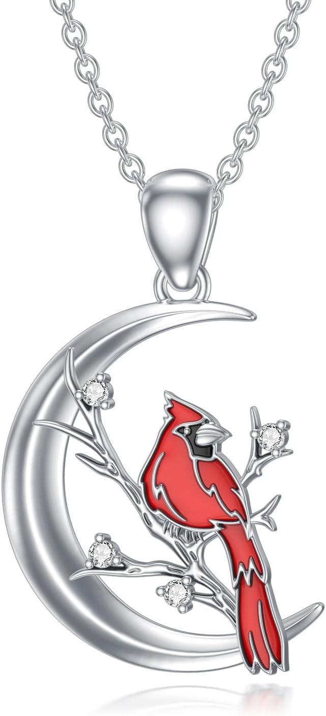 Red Cardinal Necklace with Diamond Cardinal Moon Pendant 925 Sterling Silver Memorial Gift for Women Diamond Jewelry Christmas Birthday