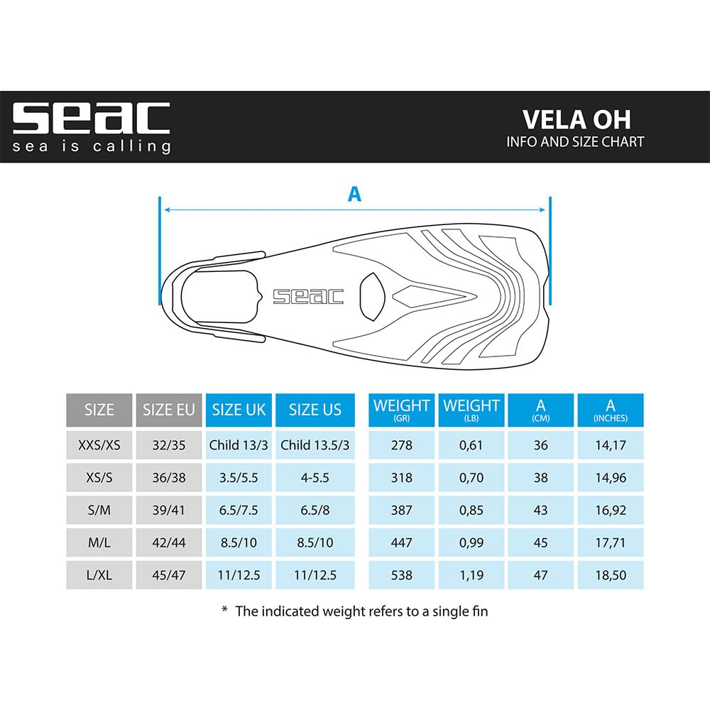 SEAC Vela OH Pinne Corte da Snorkeling e Nuoto in Piscina con Cinghiolo Regolabile Unisex Adulto