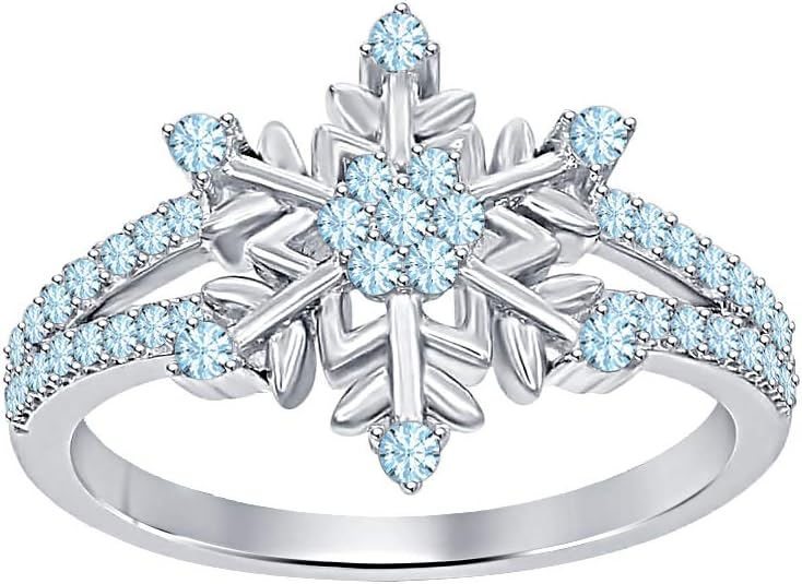 Women's 14K White Gold Over .925 Sterling Silver Round Gemstone Split Shank Flower Design Snowflake Ring