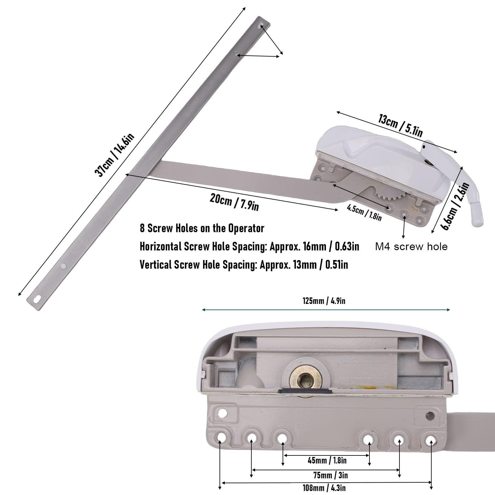 Manivela de Ventana Abatible Izquierda de Contorno para Propietarios de Viviendas, 300-450 Mm de Ancho, 1200 Mm de |Kit Completo con Riel, Tratado Térmicamente para Mayor Durabilidad en