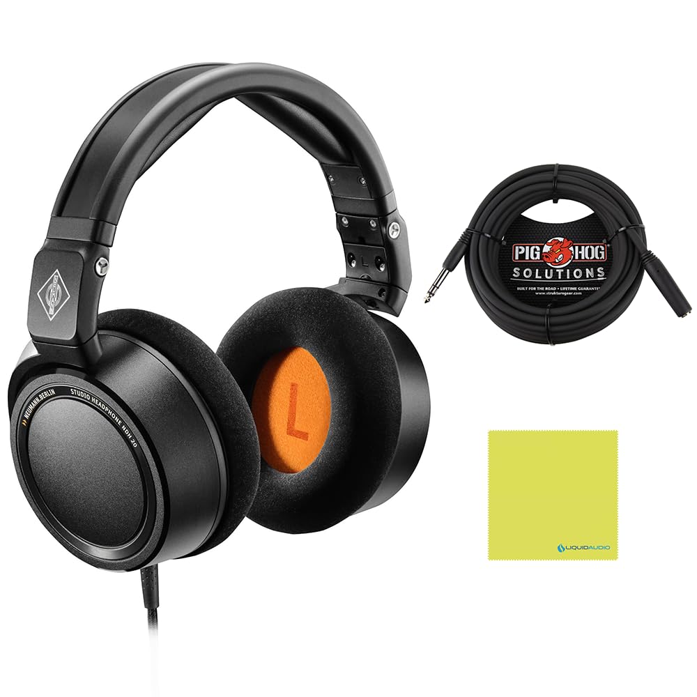 Liquid Audio Neumann NDH 20 Closed-Back Dynamic Headphones Black Edition Bundle with 25ft Pig Hog Headphone Extension Cable & Polishing Cloth - Studio Monitoring, Mixing & Critical Listening