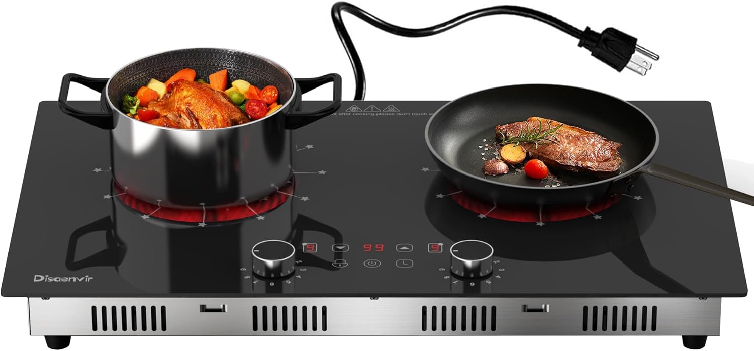 2 Burner Electric Cooktop 110V – 24 Inch(23.6″x 13.78″) Ceramic Stove Countertop & Built-in(22″x 12.2″), 2000W Two Burner Cooktop with Touch & Knob Control, Timer, Safety Lock, 120V Plug in