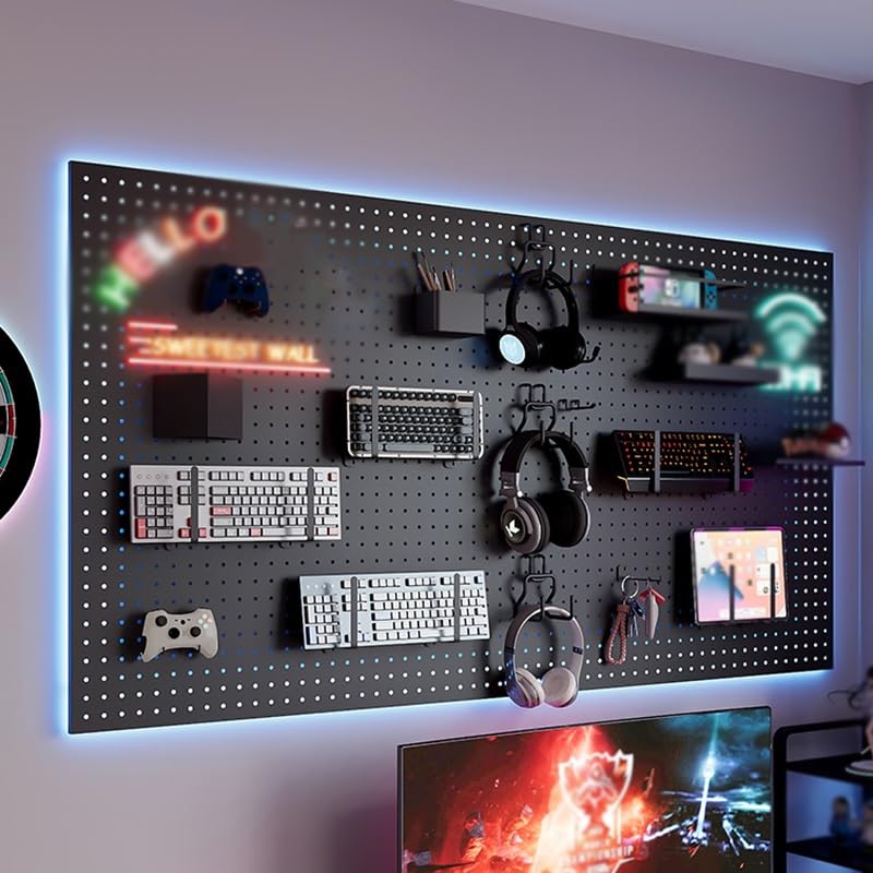 Wytrzymałe metalowe panele LED, organizer ścienny do pokoju gier i warsztatu, 70 x 50 cm, tablica narzędziowa do przechowywania narzędzi i akcesoriów