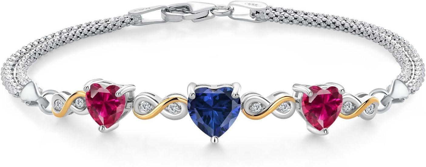 Gem Stone King 925 Silver and 10K Yellow Gold Blue Created Sapphire and Red Created Ruby and Lab Grown Diamond Bracelet For Women (3.10 Cttw, September Birthstone, Heart 7MM and 6MM, 6.5/7/7.5 Inch,