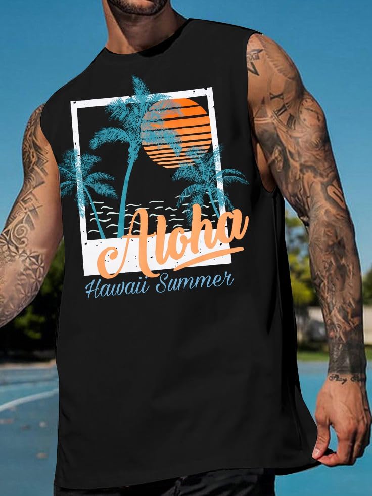Beach Tank Tops Mens Sleeveless Palm Tree Graphic Shirts Muscle Workout Tank Top Summer Vacation Shirt - Image 5