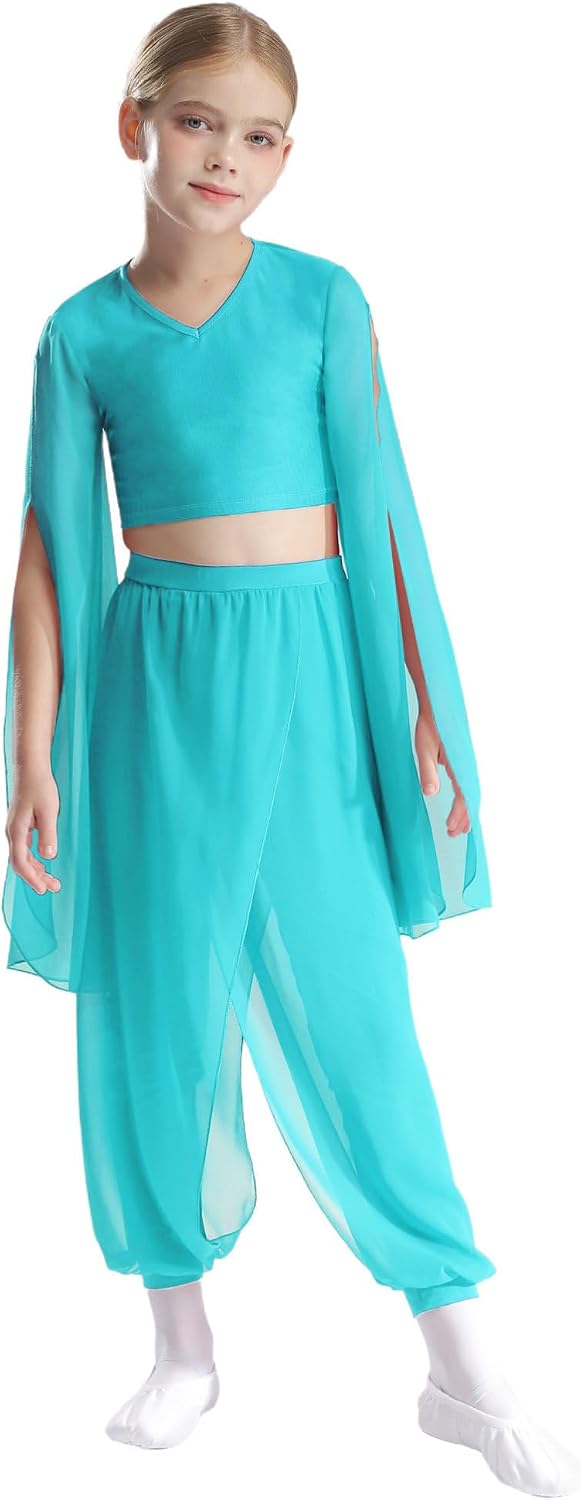 CHICTRY Kids Girls Lyrical Belly Dance Clothing Sets Split Flared Sleeves Crop Top With Pants For Stage Ballet Dancewear Blue Green 16 Years