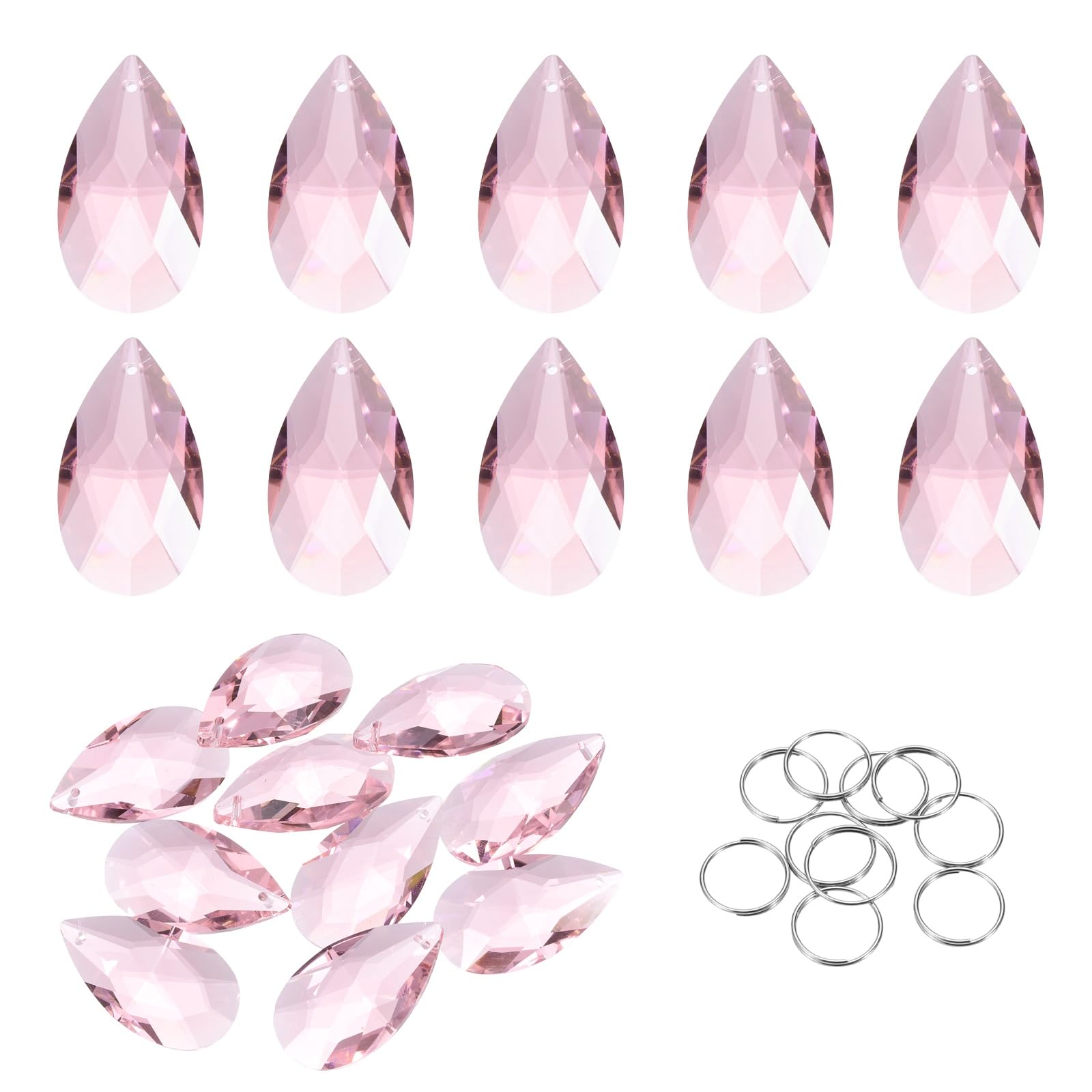 sourcing map 10Pcs Teardrop Crystal Beads, 38mm K9 Glass Hanging Chandelier Bead Prisms Part with 304 Stainless Steel Ring for Crystal Chandelier Lamp Pendant Jewelry, Pink