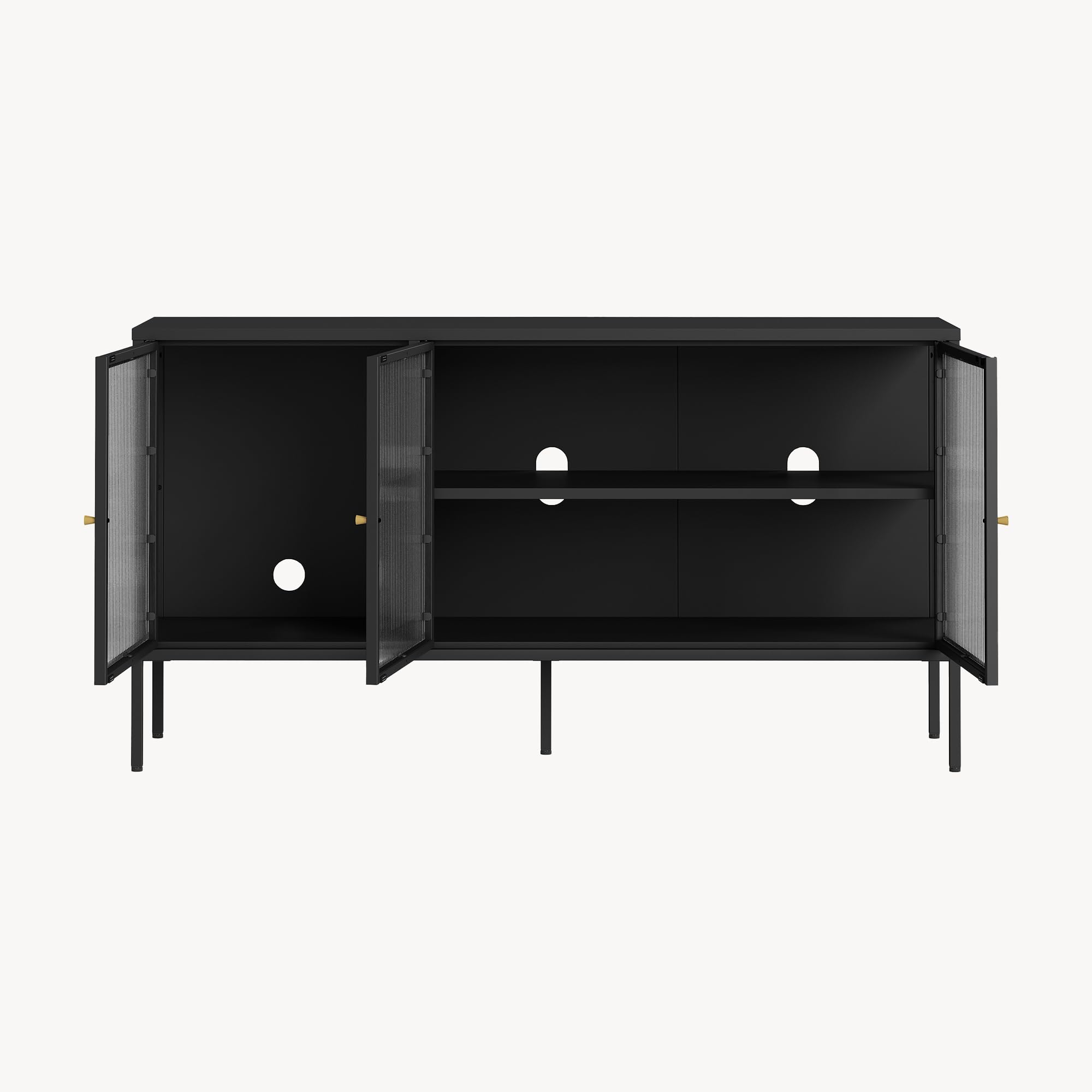 [en.casa] Mobile TV Credenza Industriale in Acciaio Nero con 3 Ante in Vetro Scanalato Madia Moderna per Soggiorno con Ripiani e Passacavi 80x150x40 cm