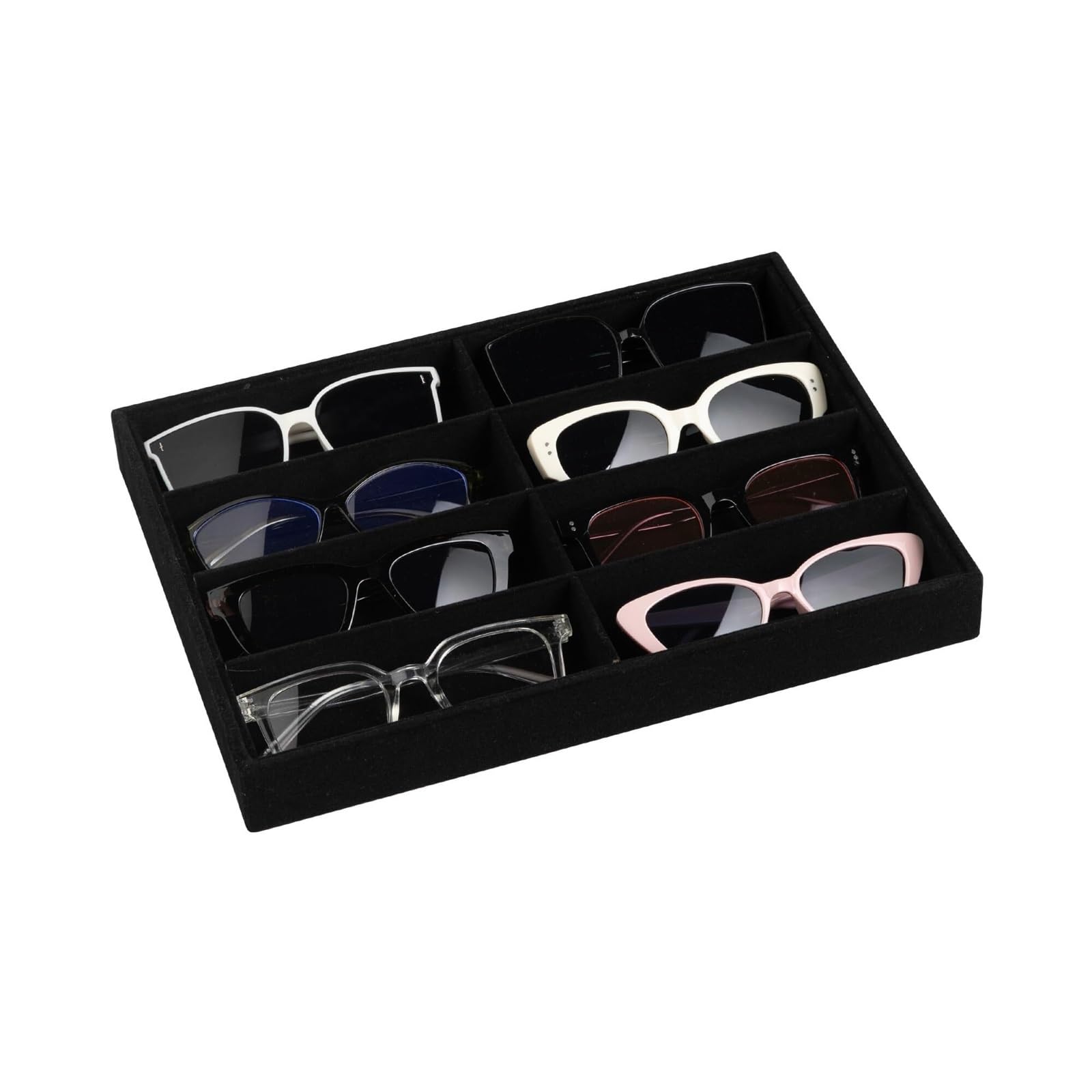Sonnenbrillen Aufbewahrung Samt-Brillen-Organizer, 8-Fach-Sonnenbrillen-Tablett, Sonnenbrillen-Box Brillenständer für Uhren(Black,No lid)