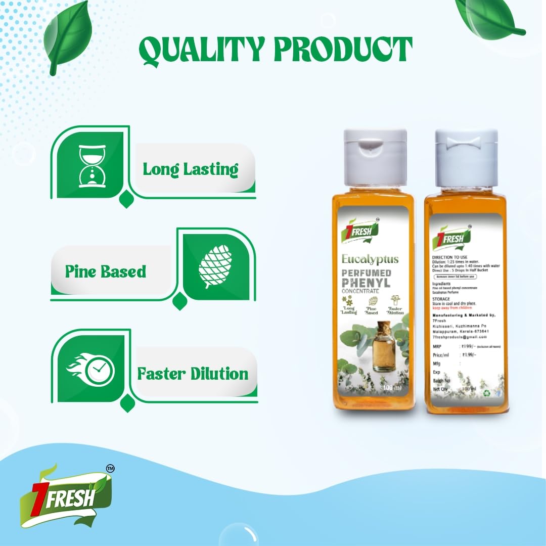 7Fresh Perfumed Phenyl Concentrate Liquid (SANDAL+LIME+EUCALYPTUS+MARIGOLD Combo Pack)(100 ml x 4 Units =400 ml) (MAKES 10 TO 16 LITRE OF THICK WHITE PHENYL) Pine Based / Long Lasting / Faster Dilution / Phenyl Essence 3