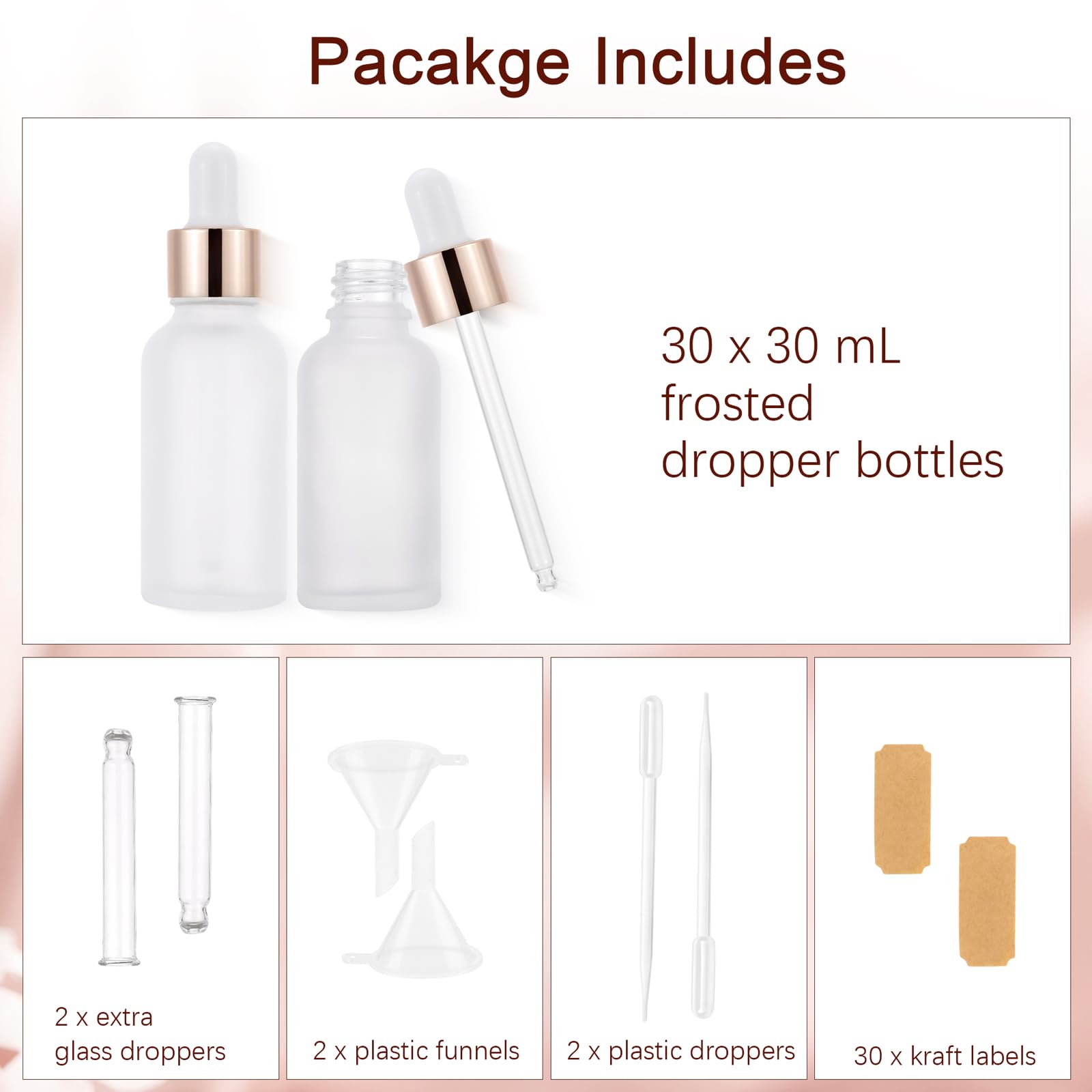 Paquete de 30 frascos cuentagotas de vidrio esmerilado de 30 ml para aceites esenciales, botellas cuentagotas de ojos de 1 onza con tapas de oro rosa para viajes, pequeños frascos de tintura de