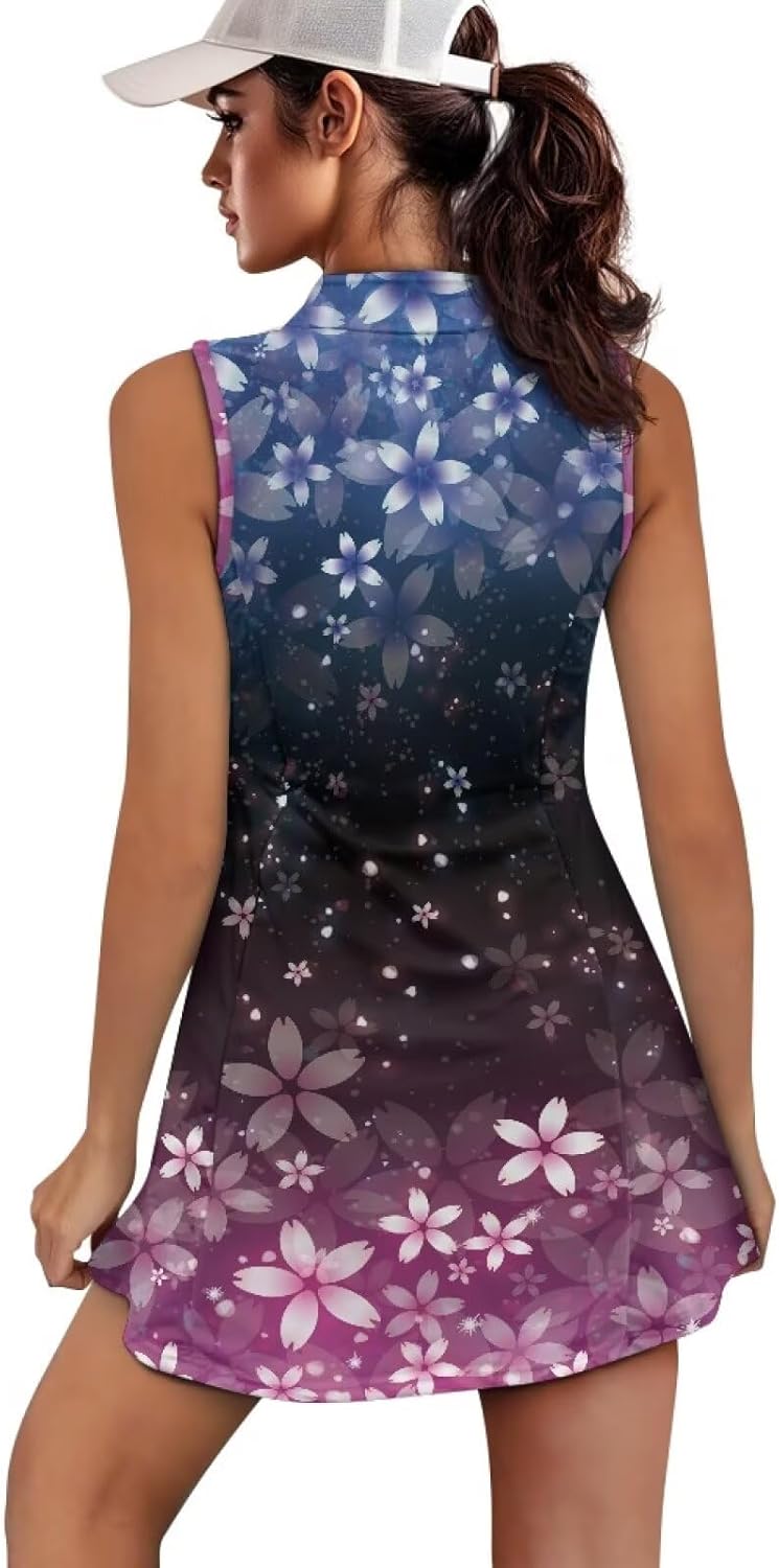 Cherry Blossom Tennis Dress for Women Sleeveless Golf Dresses Built in Shorts Quick Dry Zip Up Stand Collar Golf Outfits Athletic Clothes