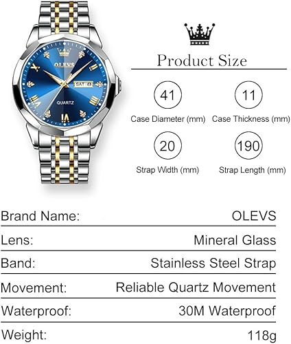 Miniatura 5 de Reloj casual de acero inoxidable para hombre, de cara grande, reloj analógico de cuarzo con día y fecha, clásico resistente al agua con números