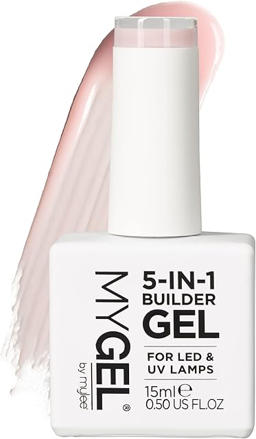 Mylee 5 in 1 Builder Base Strengthening Gel 15ml, UV/LED Nail Polish Coat for Hard Strong Nails Tips & Extensions, For Nail Art Decoration, Decals & Jewels, Professional Manicure Repair (Light Pink)