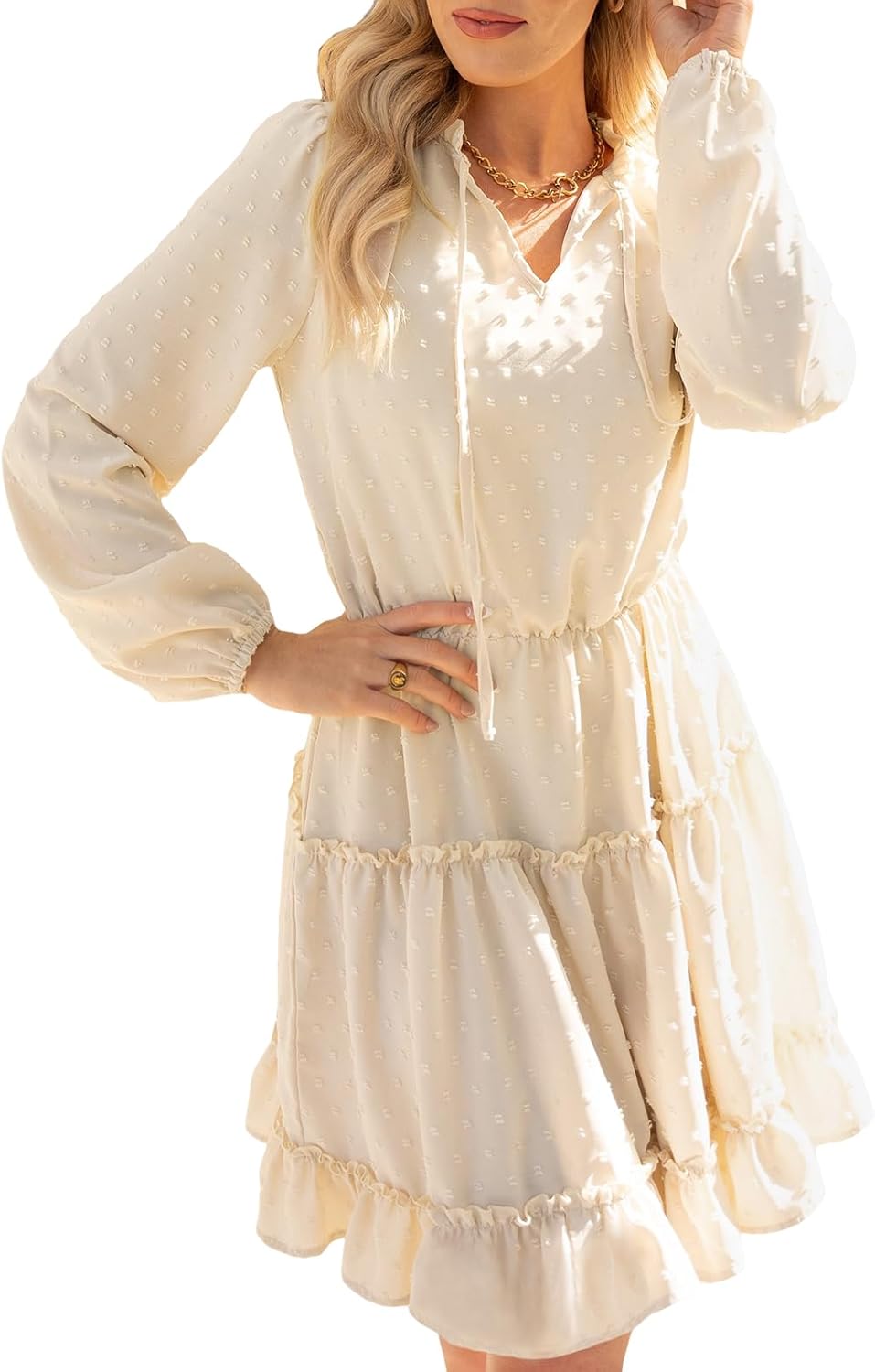 CUPSHE Women's V Neck Pom Pom Long Sleeve Ruffled Drawstring A Line