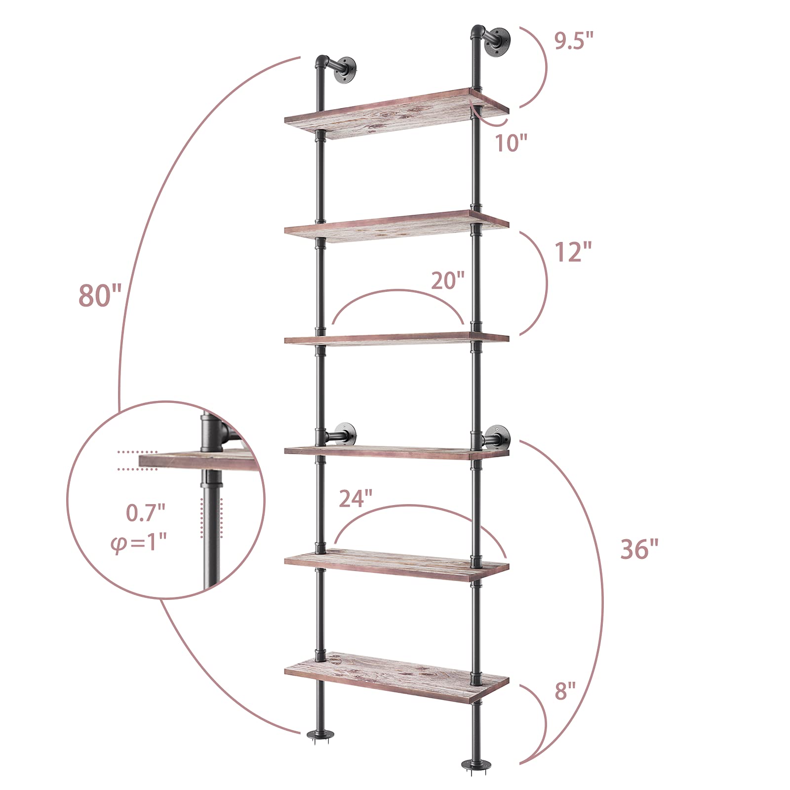 Yuanshikj 6 Tier Industrial Pipe Solid Wood Ladder Shelf/Shevles