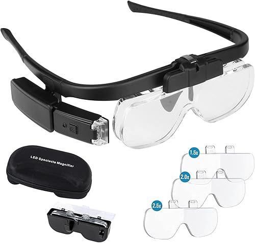 Minidiva Lupa con diadema con luz, manos libres, 2 luces LED iluminadas, lupa de montaje en la cabeza con 3 lentes desmontables, doble ranura para