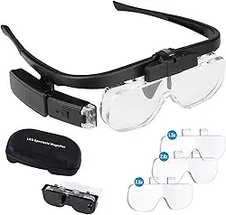 Minidiva Óculos de Aumento com Luz, Viva-Voz, 2 Leds Iluminados, Montagem Na Cabeça, Lupa com 3 Lentes Removíveis, Slot Duplo para Leitura, Costura, Joias, Artesanato, Tratamento Odontológico
