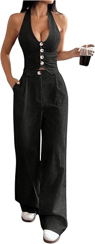 SOLY HUX Women's 2 Piece Outfits Halter Button Down Vest Crop Tops and High Wais