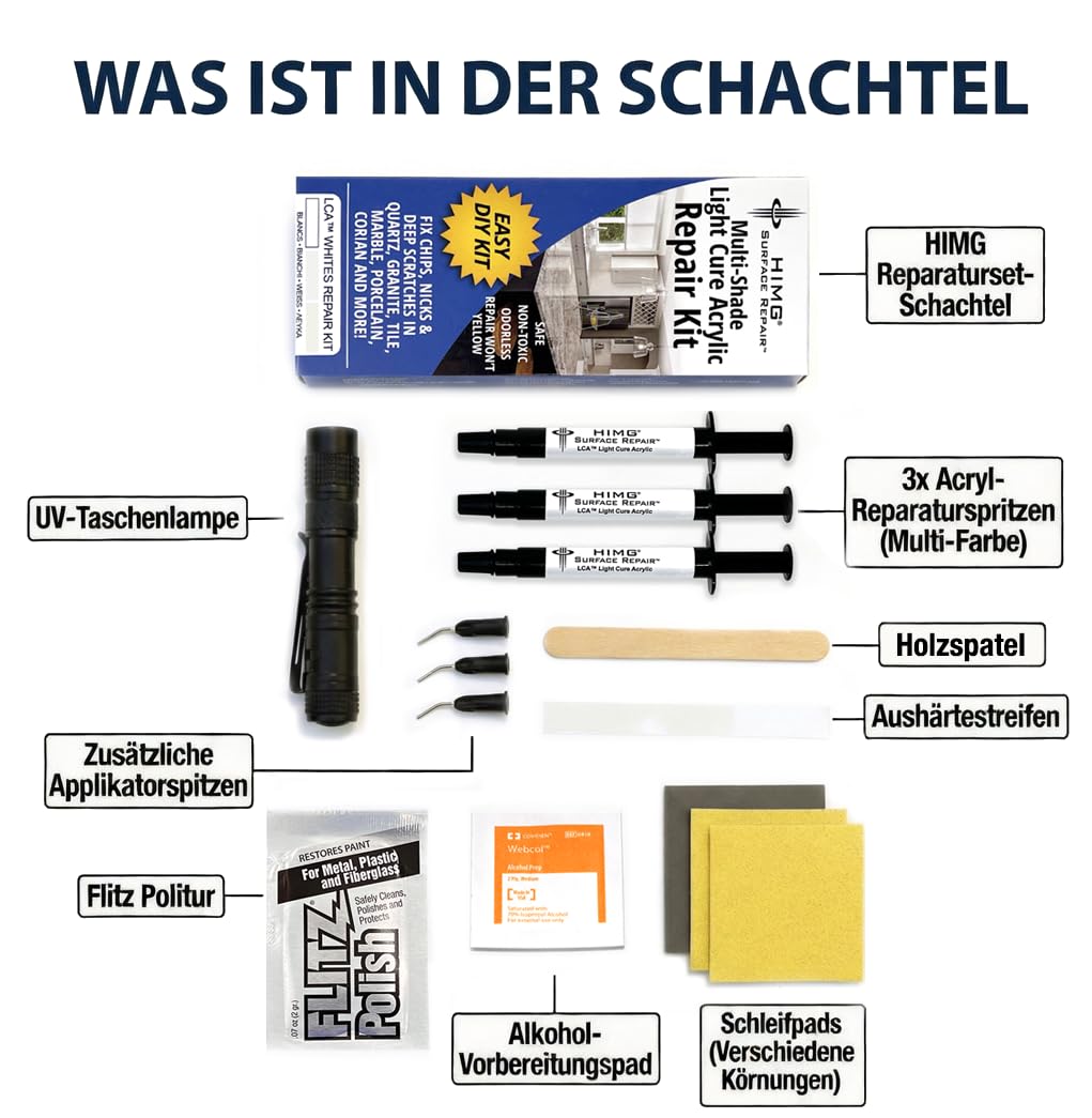 Weiß - Reparaturset für Keramik, Mineralguss, Quarz, Marmor, Porzellan, Fliesen - Abplatzer und Oberflächenschäden - HIMG Surface Repair