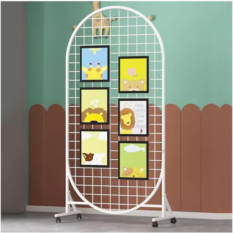 Mobile Wall Panels Display Stand with Triangular Base & Wheels for Kindergarten Art Exhibitions - Grid Panels, 80x40x150cm, White, Portable Art Display Solution