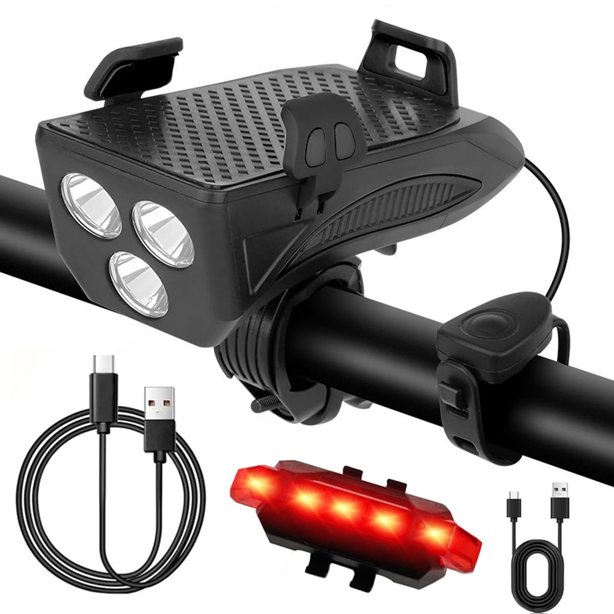 Bike Light + Bike Phone Holder 2 in 1 LED Bicycle Light Set Rechargeable 4800 mAh Bicycle Light with Power Bank Loud Bell Rear Light Cycling Torch Hiking Camping All Mountain & Road Bike