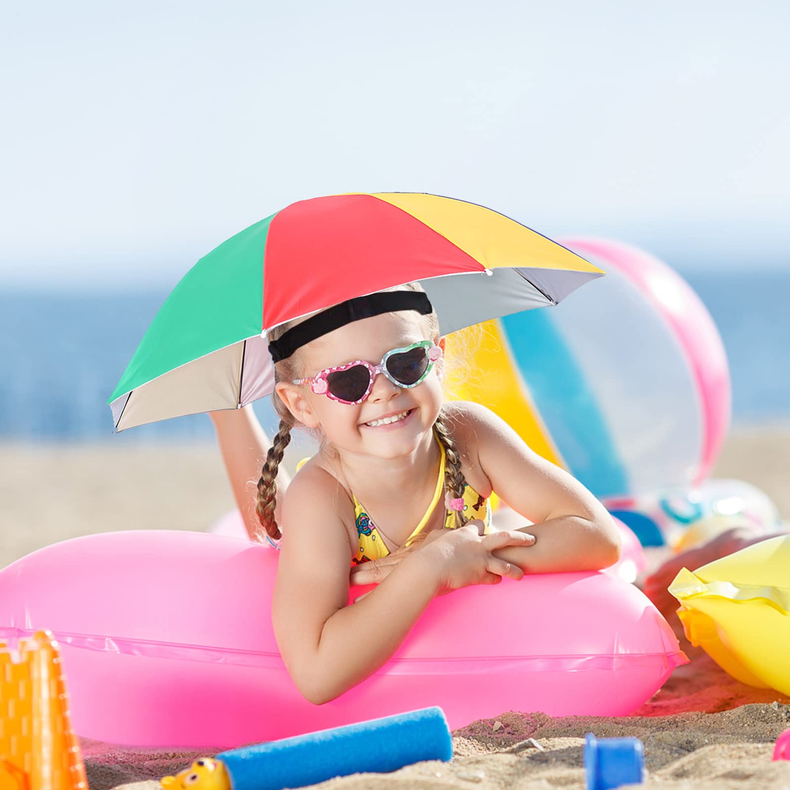 4 Stück Regenschirm Hut, 52cm Regenschirmhüte für Kinder, 360° Gegen UV Kopf Regenschirm, Wasserdicht Schirmhut mit Kopfband für Outdoor-Party, Angeln, Sonne, Strand, Golf, Wandern