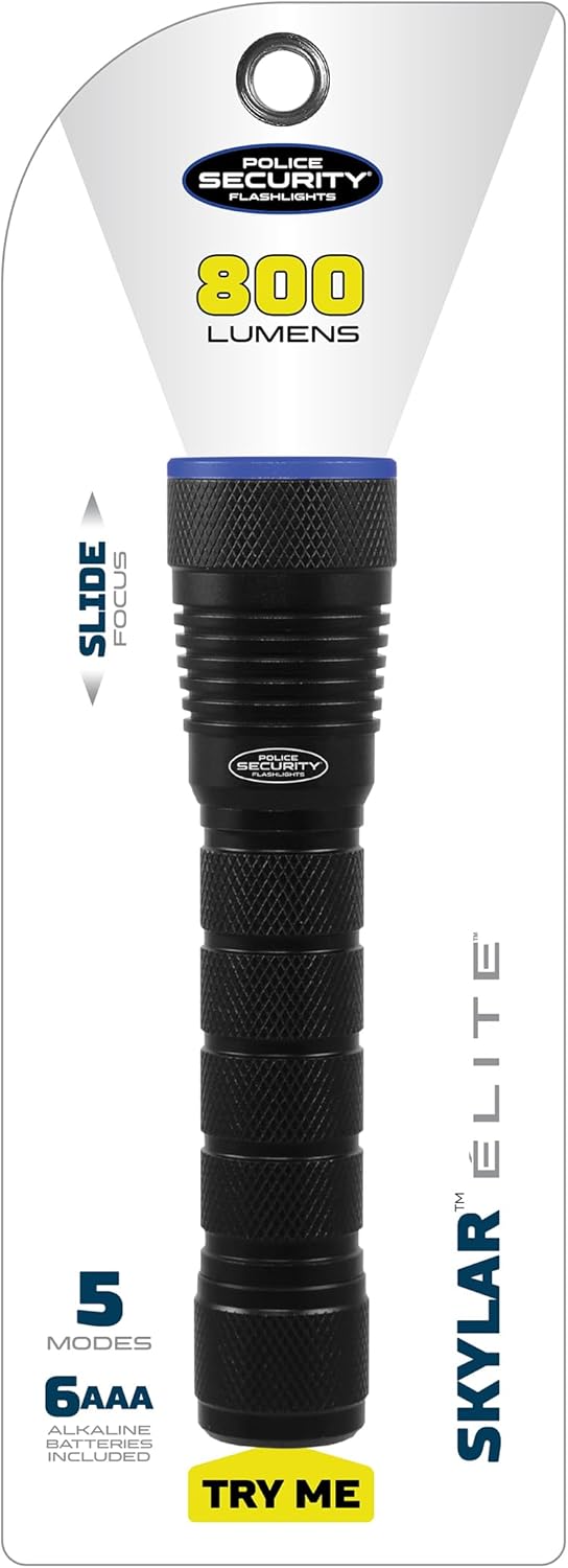Police Security Skylar 6AAA Flashlight - 1000 Lumen LED Light, Tactical Handheld Torch with Slide Focus, 5 Lighting Modes, 270 Meter Beam Distance, Durable Impact & Water Resistant Utility Light