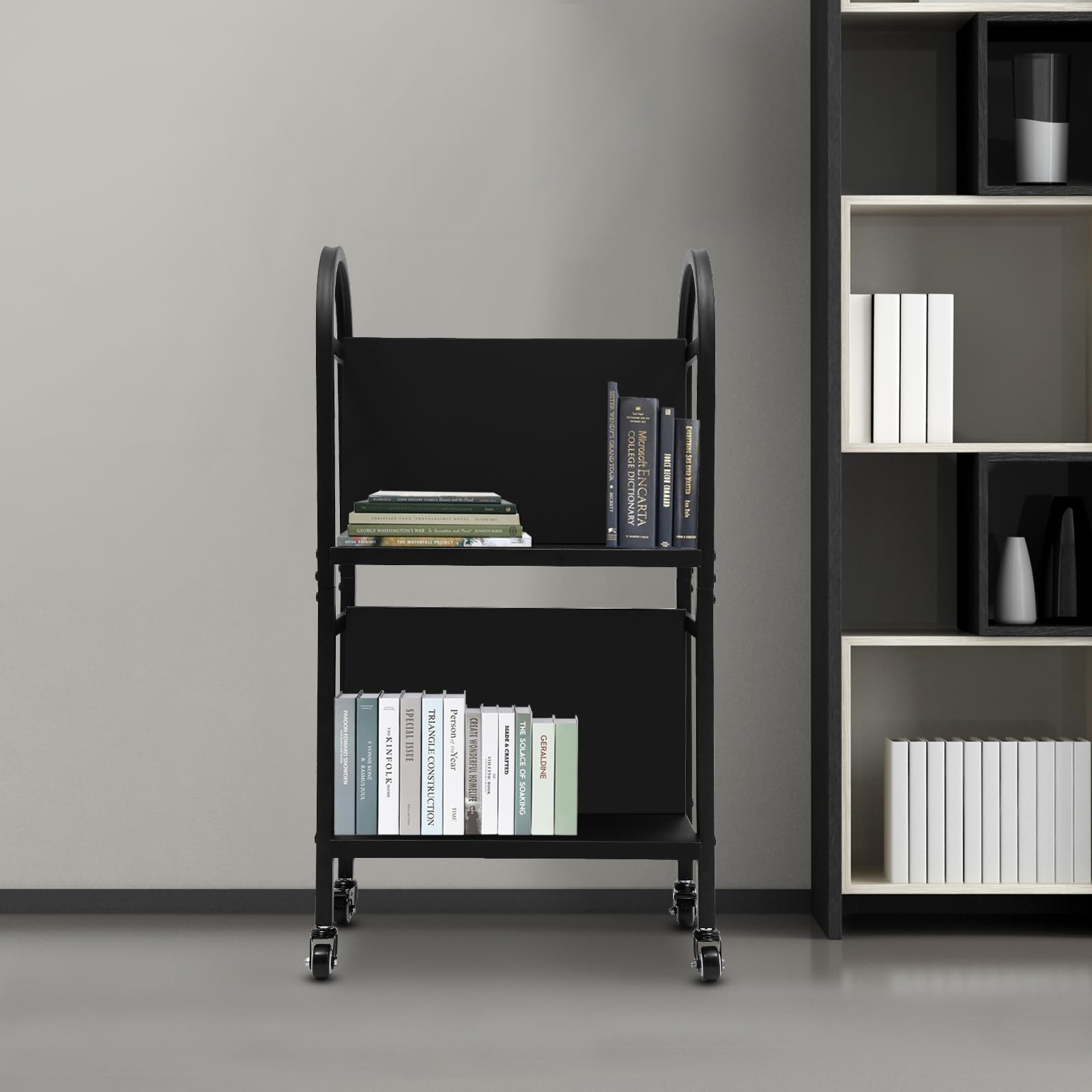 2-Tier Rolling Book Cart For Library Or Office – 17x13x34 Inches, Black, Holds 50lbs Per Shelf