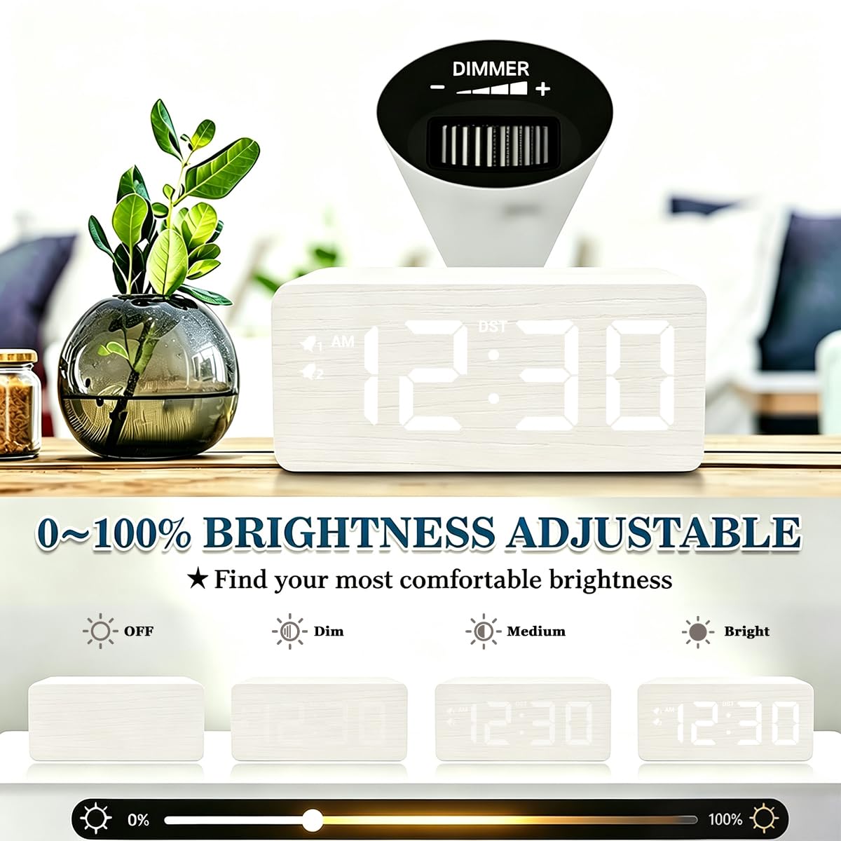 URAYCO Reloj despertador digital de madera, estación de carga inalámbrica rápida de 10 W y 2 puertos de carga USB, con regulador de 0 ~ 99%, alarma dual, modo de día de semana/fin de semana, reloj LED