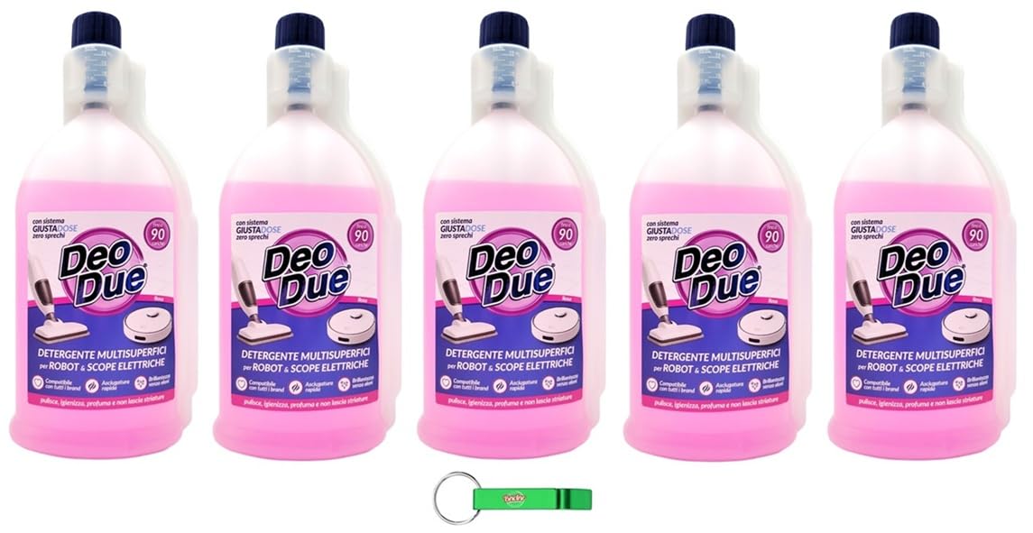 5 X Deo Due Detergente concentrato per la pulizia del pavimento con robot aspirapolvere e aspirapolvere rosa profumo 900 ml + portachiavi Beni Culinari