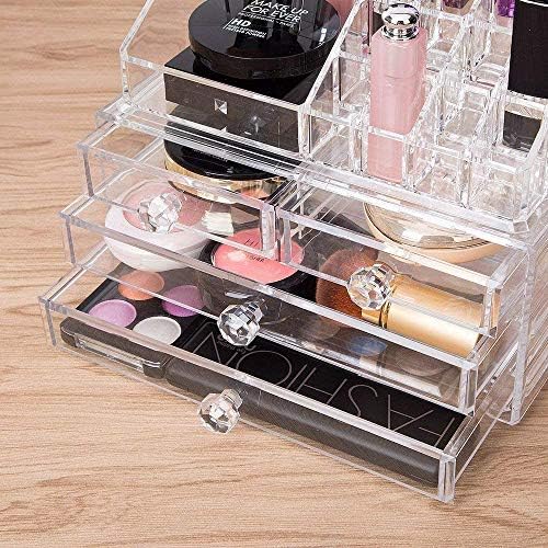 iPEGTOP Acrylic Clear Make Up Organiser Cosmetic Storage Box Display Makeup Case, 20 Sections with 4 Drawers, Diamond Drawer Handle