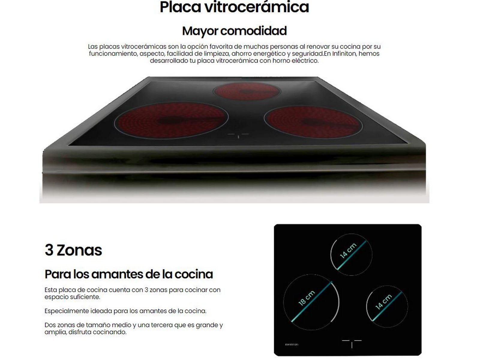 INFINITON Cocina con Horno CC-B550V3, Vitroceramica 3 Zonas, Horno Electrico 43 L, 6 Niveles de Potencia, Grill, Doble Acristalamiento, A, Negro
