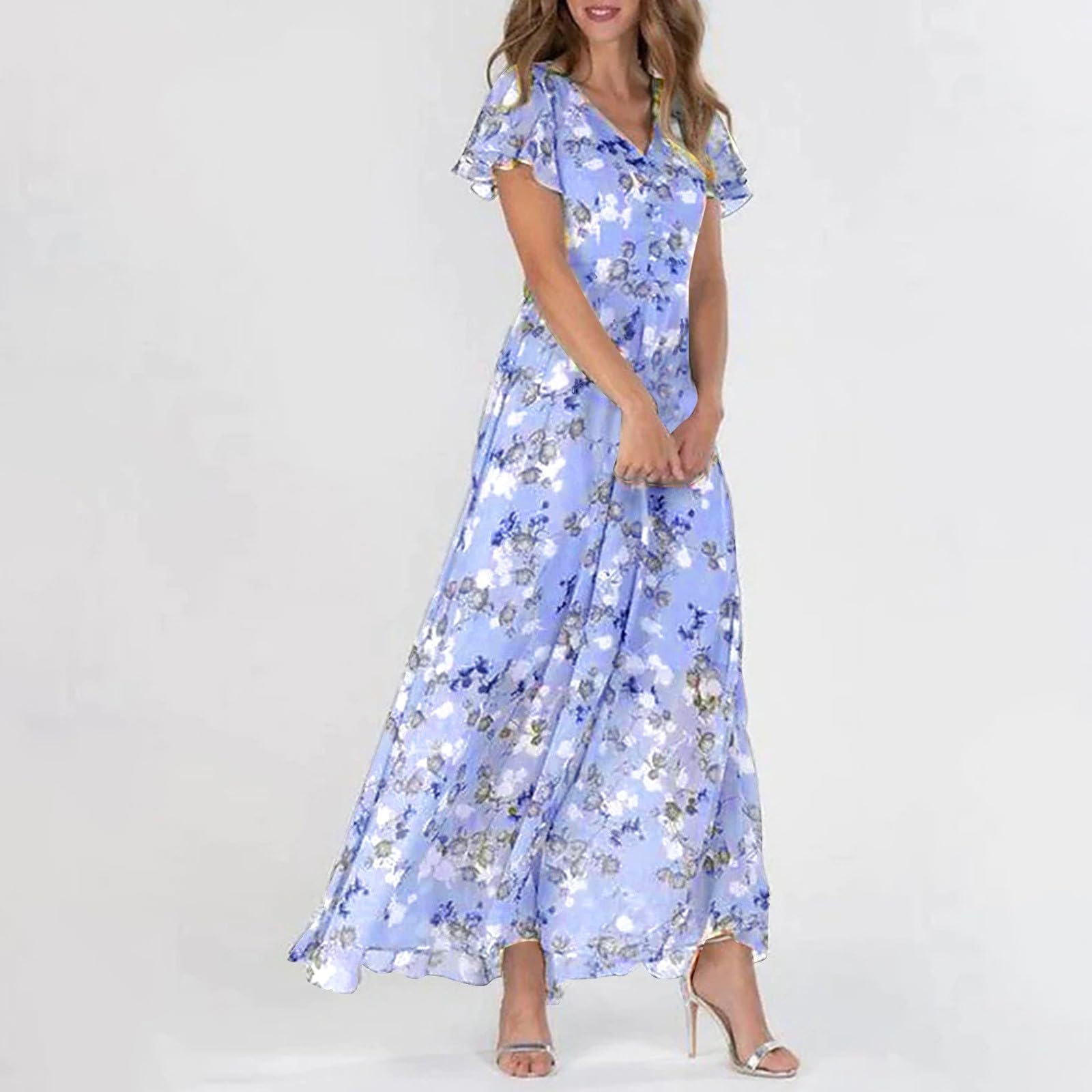 Primavera 2026 Abiti a maniche corte alla moda per le donne Estate Scollo a V Lusinghiero Abito estivo con volant Vacanza Casual Date Night Chiffon Spiaggia Cocktail Floreale Madre della Sposa Carino