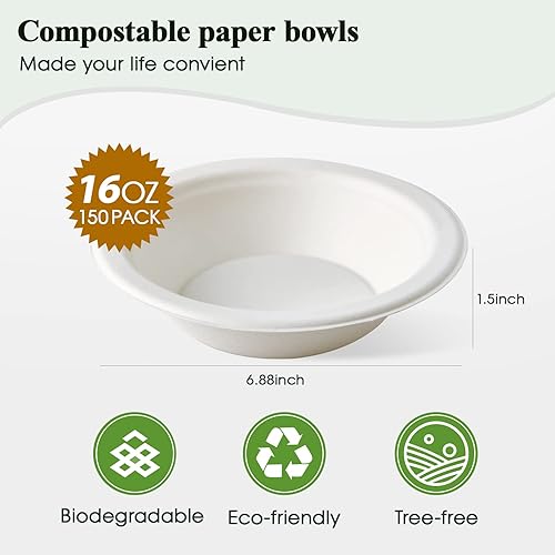 Miniatura 9 de ECOLipak Paquete de 150 cuencos de papel desechables de 12 onzas, cuencos biodegradables resistentes, cuencos ecológicos para bagazo de caña de