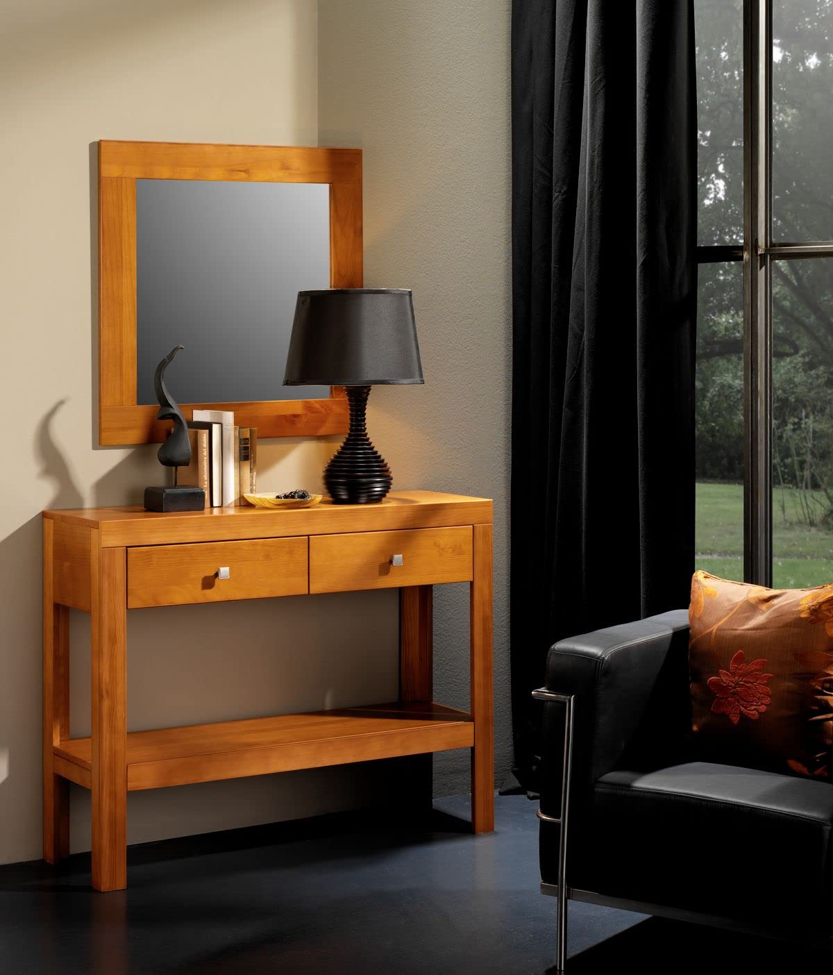 Vitrina Libreria de Dos Puertas Y Dos Cajones Realizada en Madera de Pino Maciza Serie Kalpa Color Cerezo Medidas (200X100X37) cm (Alto-Ancho-Fondo) Robusta Y Duradera